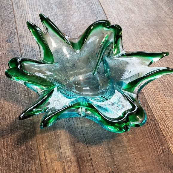 Vintage Handblown Green & Blue Glass Art Deco Mid-Century Modern Ashtray Bowl - Picture 10 of 12
